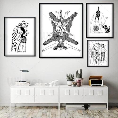 Modern Abstract Poster Black & White Wall Picture Girl and Animal Tiger Bear Cat Leopard Canvas Painting Nordic Poster Wall Art