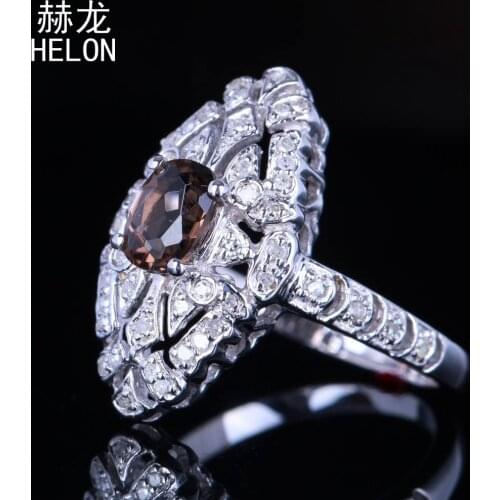Sterling Silver 925 Classical Oval 7x5mm Genuine Smokey Quartz & Real Diamonds Womens Engagement Wedding Vintage Jewelry Ring