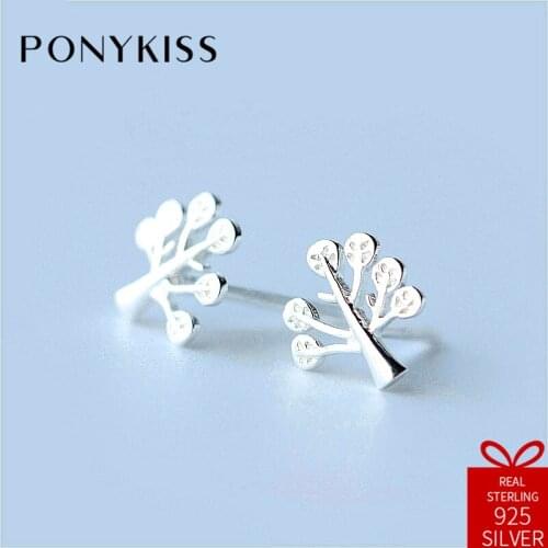 PONYKISS Trendy S925 Sterling Silver Minimalist Cute Tree Plant Stud Earrings Women Fine Jewelry Accessory Birthday Party Gift