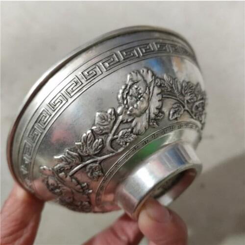 Tibet Antique Copper Bowl Gilt Silver Carving Flower Blooming Wealth and Honor Tibetan Silver Collection Ornament Decoration