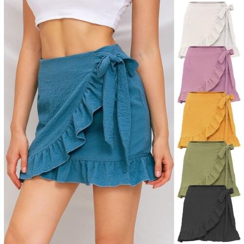 Women Solid Ruffle High Waist Skirt 2021 Summer Lace Up Sweet Short Skirt Female Casual Slim Zipper A-Line Mini Skirt Ropa Mujer
