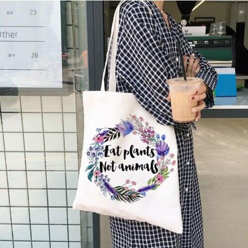 Eat Plants Not Animals Vegan Tote Bag Women Canvas Shopping Bags Vegetarian Flowers Printing Eco Friendly Handbag Tote Bags