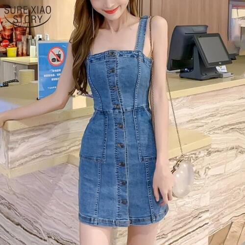 Denim Dress Spaghetti Strap Sundress Vintage Casual Solid Retro Chic Sexy Jeans Button Front Blue Party Dress Women 13349