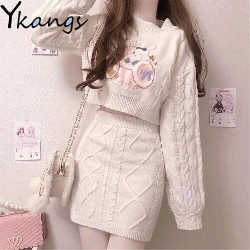 Kawaii Cartoon Embroidery Sweater White High Waist Sexy Women Mini Skirt Ins Spring Autumn Two Piece Set Korean Sweet Clothing
