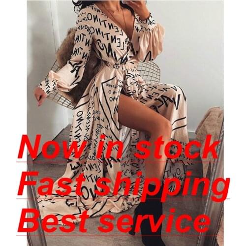 Women Long Sleeve Waist Tie Boho Maxi Dress Letter Print Wrap V Neck Split Party Beach Dress