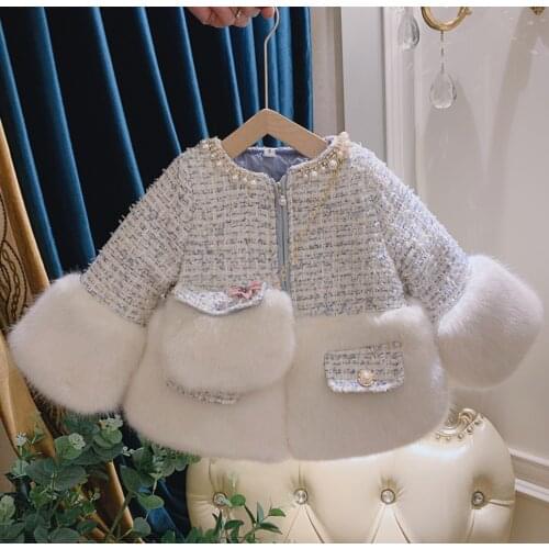 Winter warm girls padded coat baby fashion kids brand coat children thick clothes check fake fur pearl