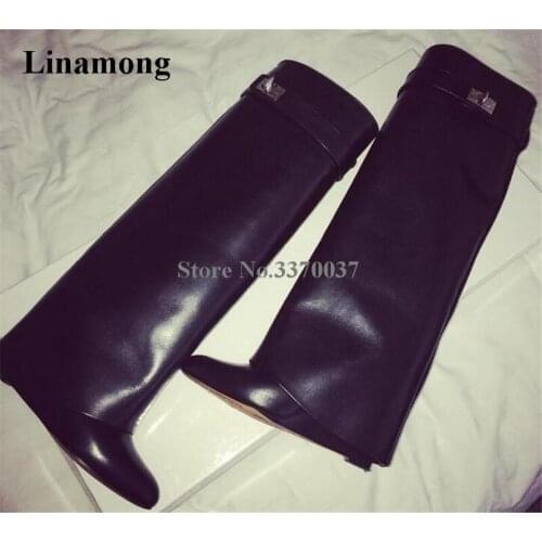 Winter Fashion Straps Lock Design Leather Folded Knee High Wedge Boots Black Red Height Increasing Long Boots Knight Boots