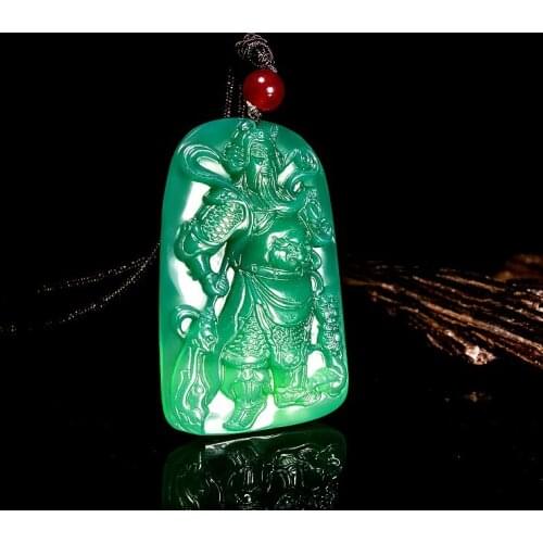 Famous Green agate Amulet GuanYu Hold Broadsword Pendant string Necklace Talisman