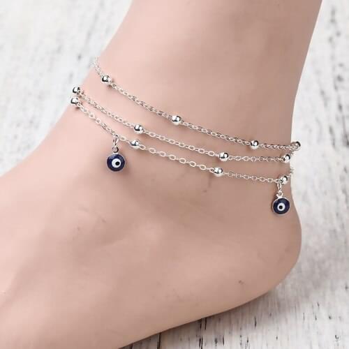 1PC Boho Chic Multilayer Anklet Silver Color White & Blue Evil Eye Enamel 22cm(8 5/8") long