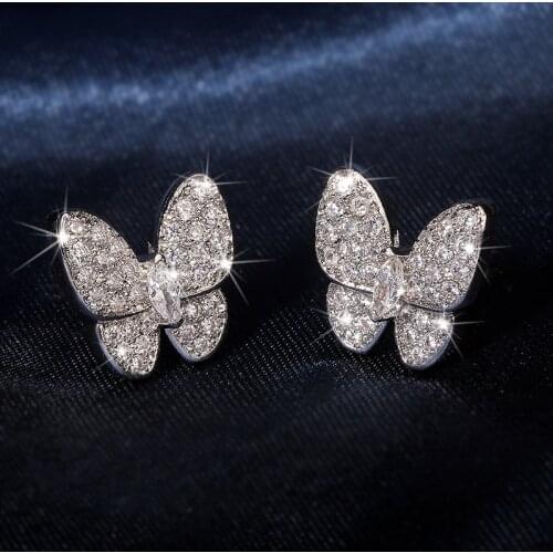 2021 New Cute Silver COlor Butterfly Stud Earrings with Bling Zircon Stone for Women Fashion Jewelry Korean Earring
