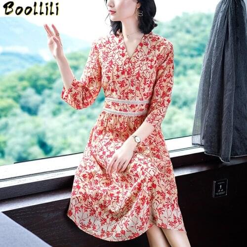 Boollili Spring Summer Dress Women Clothes 2020 Printing Korean Vintage Dress Elegant Midi Silk Dress Womens Dresses Vestidos