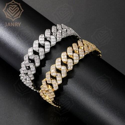 JANRY 17mm Bracelet Iced Out Baguette Prong Set Cuban Chain in White Gold Micro Pave Cubic Zirconia Hip Hop Jewelry Gift