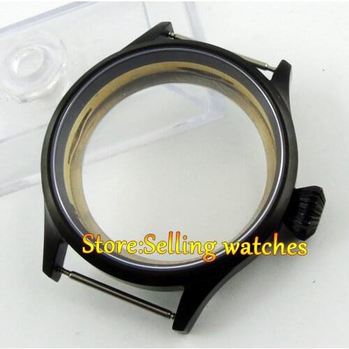 43mm black PVD steel parnis Watch CASE sapphire glass fit 6498 6497 eat movement