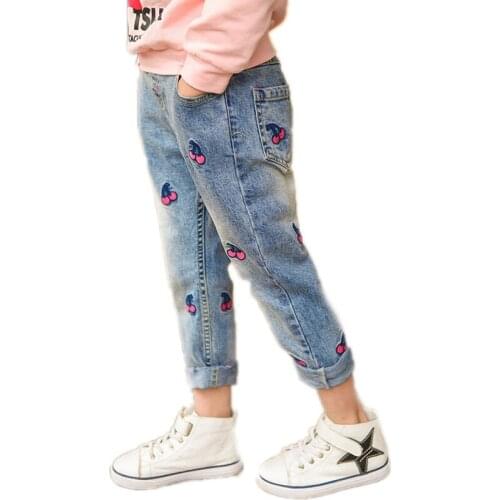 Kids jeans girls 2020 new arrival baby boy denim jeans cherry printed jeans pants for girls casual straight enfant trouser 2-11T