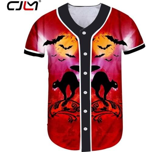 CJLM Happy Halloween Theme Cartoon Cat And Bat Mens Baseball Shirt 3D Printed Animal Tee Shirt Polyester High Quality Tshirt