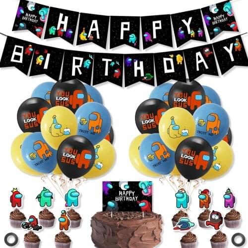 AmongUs Game Theme Party Decorations Birthday Banner Cake Toppers Flag Latex Balloons Baby Shower Kids Birthday Favors Supplies