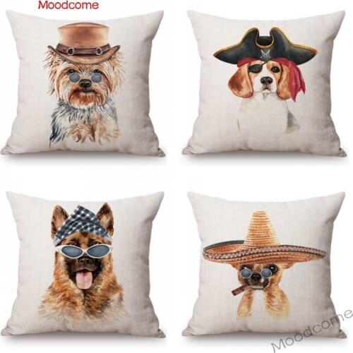 Cute watercolor Dogs with Hat Pirates Mexici Hat Sofa Throw Pillow case Lovely Cotton Linen Car Pillow Chair Cushion Cover Case
