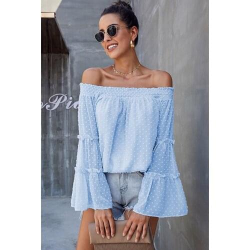 Fashion Off Shoulder Flare Long Sleeve Shirt Women Strapless Casual Loose Tops Solid Color Sweet Shirts Ropa Mujer Hot Sale