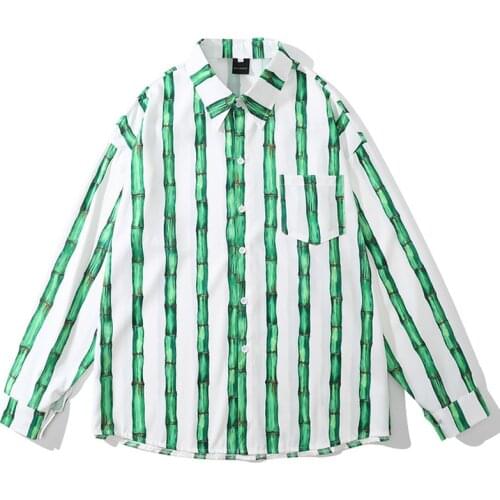 Male Harajuku Button Shirts Streetwear Autumn Long Sleeve Oversize Blouse camisa masculina Mens Bamboo Printed Hawaii Shirts