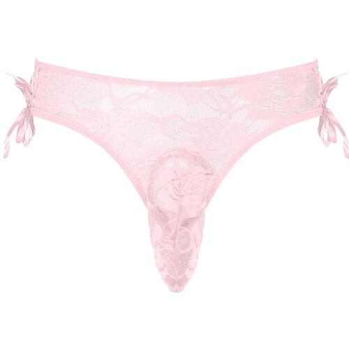 Men Underwear See-through Lace Low Waist Briefs Bowknot Decor Elastic Waistband Underwear Sexy Bulge Pouch Panties Underpants