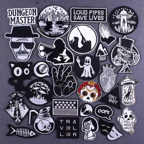 Punk Skull Patch Letter Iron On Patches For Clothing Black and white Cloth Patches For Clothes With Iron Applique Badge Strips