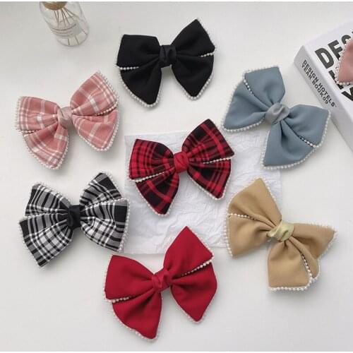 New Children Cute Colors Plaid Pearl Double Knot Bow Ornament Hair Clips Girls Lovekly Barrettes Hairpins Kids Hair Accessories