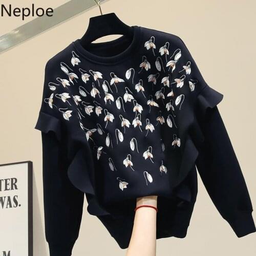 Neploe 2021 Autumn Women Sweatshirt Korean Floral Printed Long Sleeve O-neck Pullover Tops Causal Ruffle Patchwork Hoodies 4E225