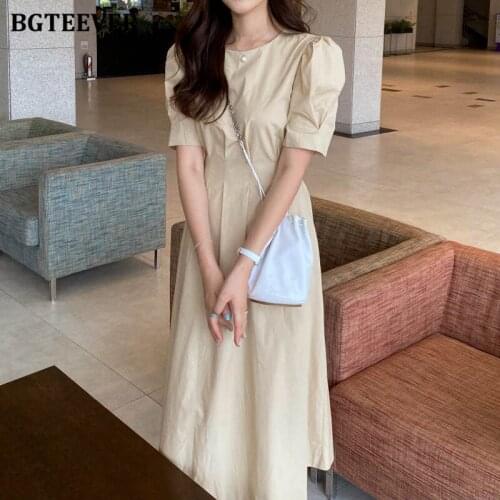 BGTEEVER Summer O-neck Mid-length Women Dress 2021 Casual Short Sleeve Slim Waist Lace-up Female A-line Dress Elegant Vestidos