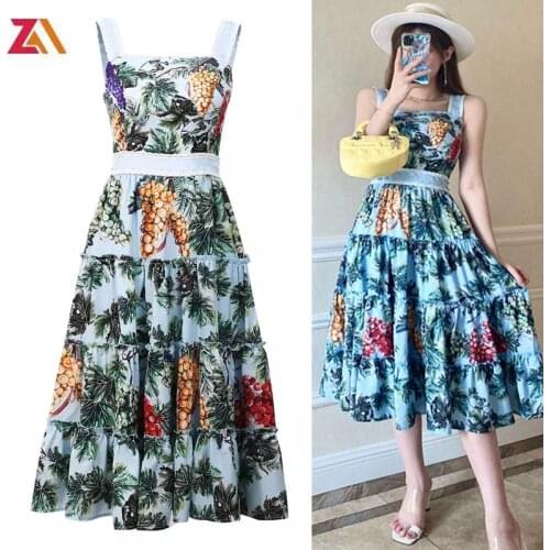 ZALady midi dress summer bohemian fahion women vintage grape floral printed holiday party spaghetti strap dresses vestidos mujer