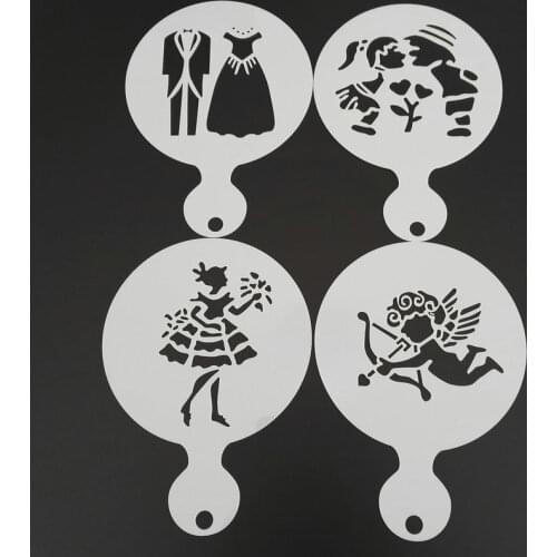 4pcs Wedding Coffee Stencil Cookie Cappuccino Latte Art Template Mold Barista Tools Caffe Accessories Cake Decoration