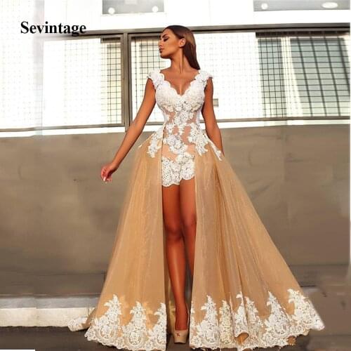 Sevintage Detachable Train Organza Mini Prom Dresses White Appliques V Neck Formal Party Gowns Princess Evening Dress Plus Size
