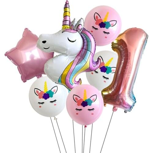 7Pcs/lot Rainbow Unicorn Party Balloons Unicorn Birthday Decoration Number Balloon Kids Birthday Party Baby Shower Decor Globos