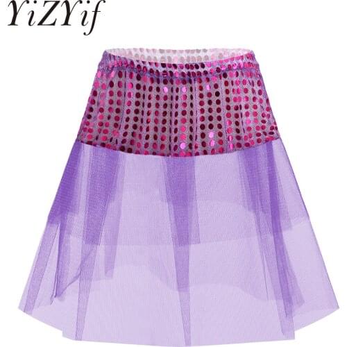 Kids Girls Jazz Dance Skirt Sparkling Sequins Decor Mesh Tutu Skirt Children Jazz Ballet Dancewear Modern Dance Costume