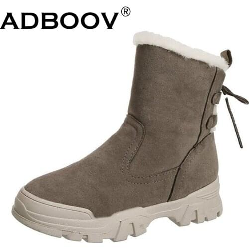 ADBOOV Back Lace-Up Mid-Calf Snow Boots Women Casual Fur Lining Boots Ladies Femmes Bottes