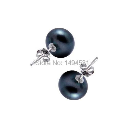 Genuine Freshwater Pearl Earrings 100% S925 Sterling Silvers Women Earrings High Quality Real 8-9mm Black Pearl Jewelry