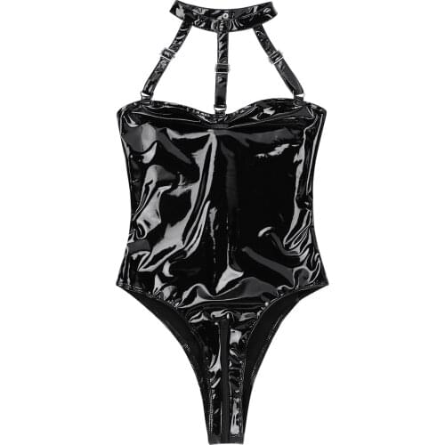 Women Sexy Costume Wetlook Black Patent Leather Lingerie Bodysuit Halter High Cut Erotic Teddies Pole Dance Party Rave Clubwear