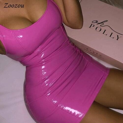 Women PU Leather Wet Look Clubwear Mini Slim Dress Low Cut Tight Sexy Mini Bodycon Dress Solid Pole Dance Nightclub Slim Dress