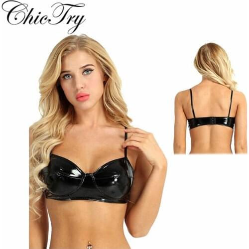 Fashion Female Women Lingerie Nightwear Bra Wetlook Faux Leather Wire-free No Pad Bra Top for Raves Dances Clubwear Cosplay