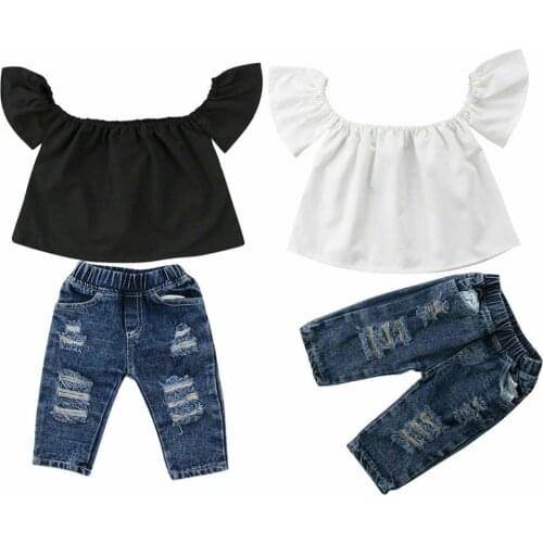 2020 Brand New Toddler Infant Child Kids Baby Girls Off Shoulder Tops Denim Hole Pants 2Pcs Outfits Set Fashion Clothes 6M-4T