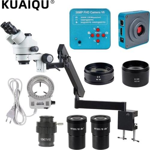 3.5X - 180X Articulating Arm Pillar Clamp Zoom Simul Focal Industrial Trinocular Stereo Microscope +38MP 1080P HDMI Video Camera