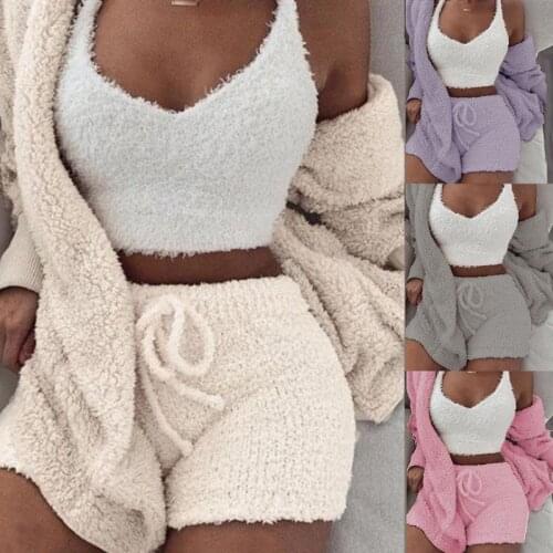 3 Pcs/set Winter Sexy Women Home Wear Suit Casual Pajamas Long Sleeve Exposed Navel Vest Shorts Set