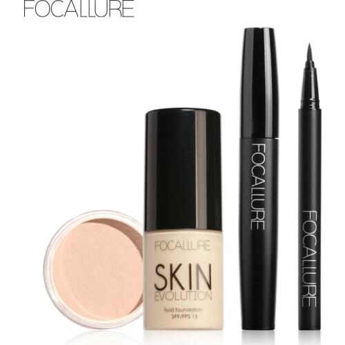 FOCALLURE 4Pcs/Kit BB Foundation Cream High Quality Mascara Loose Powder Setting Powder Eyes Makeup Eyeliner Makeup Set