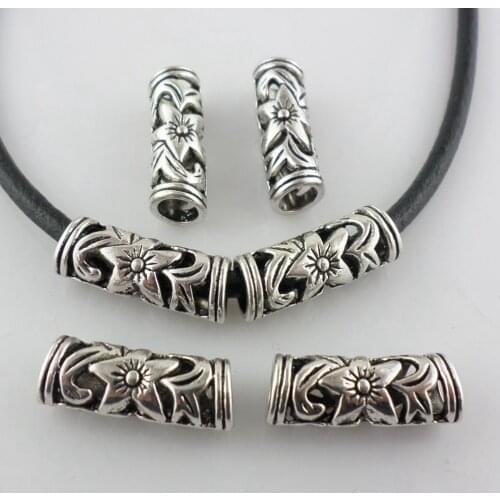 12pcs Tibetan Silver Hole 5mm Bend Tube Carved Flower Charm Spacer Beads 7x22mm Jewelry Findings
