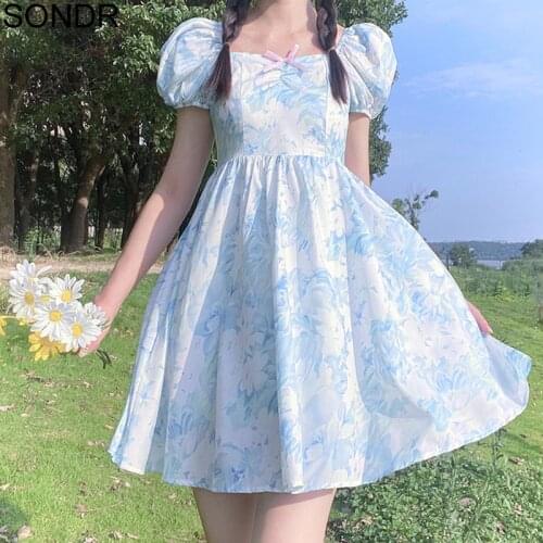 Japanese Sweet Girls Puffy Dress Summer Floral Print Elegant Party A-Line Dresses Women Slim Short Sleeve Vintage Dress Vestidos