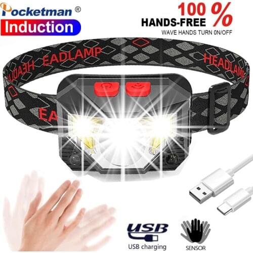 90000lums Hands-free LED Headlamp Motion Sensor head lamp LED headlight Torch Built-in battery inductive Light with Portable box