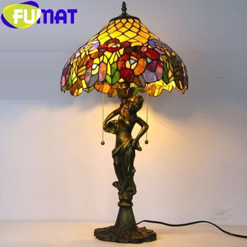 FUMAT Tiffany Style Table Lamp Stained Glass Angel Resin Multicolor Rose Flower Desk Light Home Decor Handcraft Art Lighting LED