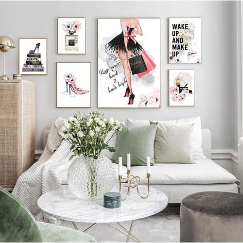 Lipstick Perfume High Heels Fashion Makeup Floral Print Canvas Art Painting Wall Picture Modern Girl Room Home Decoration