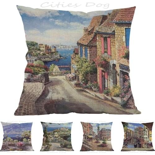 Painting art of European and American towns on small town streets square pillow case Cushion cover bar sofa pillow cushion coves