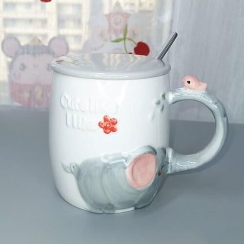 550mL New Hand-painted Elephant Coffee Mug with Spoon and Lid Creative Cute Animal Milk Tea Juice Ceramic Cup Gifts for Children