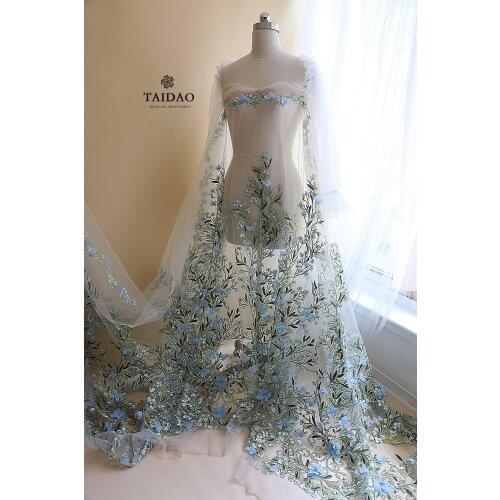 LASUI 1 yard Heavy industry beaded 3D flower embroidery lace apricot mesh bottom fabric fresh green floral designer fabric X0828